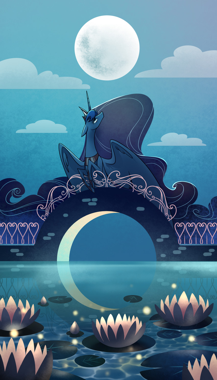 bridge crown female feral full_moon headgear heart_symbol horn jewelry lake lily_pad looking_up moon necklace night optical_illusion plant solo tiara water wings 28gooddays badday28 friendship_is_magic hasbro my_little_pony mythology princess_luna_(mlp) equid equine mammal mythological_creature mythological_equine winged_unicorn 2020 4:7 hi_res