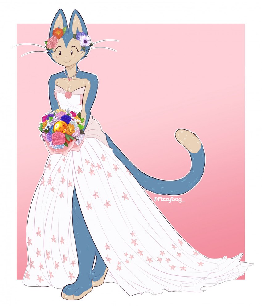 anthro blue_body blue_fur clothing crossgender dragon_ball_(object) dress female flowers_in_hand fur solo wedding_dress fizzy-dog dragon_ball puar_(dragon_ball) felid mammal hi_res