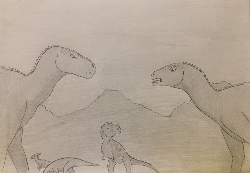 ambiguous_gender angry argument claws clenched_teeth duo earhole facial_horn female feral group head_crest horn male mountain nasal_horn nose_horn open_mouth outside scales size_difference spikes spikes_(anatomy) teeth toony_eyes paleonproductions dinosaur_(disney) aladar_(character) neera ceratosaurid ceratosaurus dinosaur hadrosaurid iguanodon iguanodontid ornithischian ornithopod parasaurolophus prehistoric_species reptile scalie theropod absurd_res graphite_(artwork) hi_res traditional_media_(artwork)