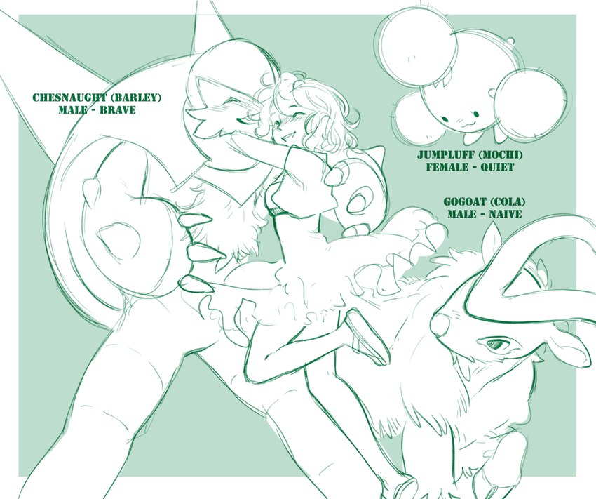 blush clothed clothing dress female feral group happy hug male male/female smile chaindecay nintendo pokemon chesnaught generation_2_pokemon generation_6_pokemon gogoat human jumpluff mammal pokemon_(species)