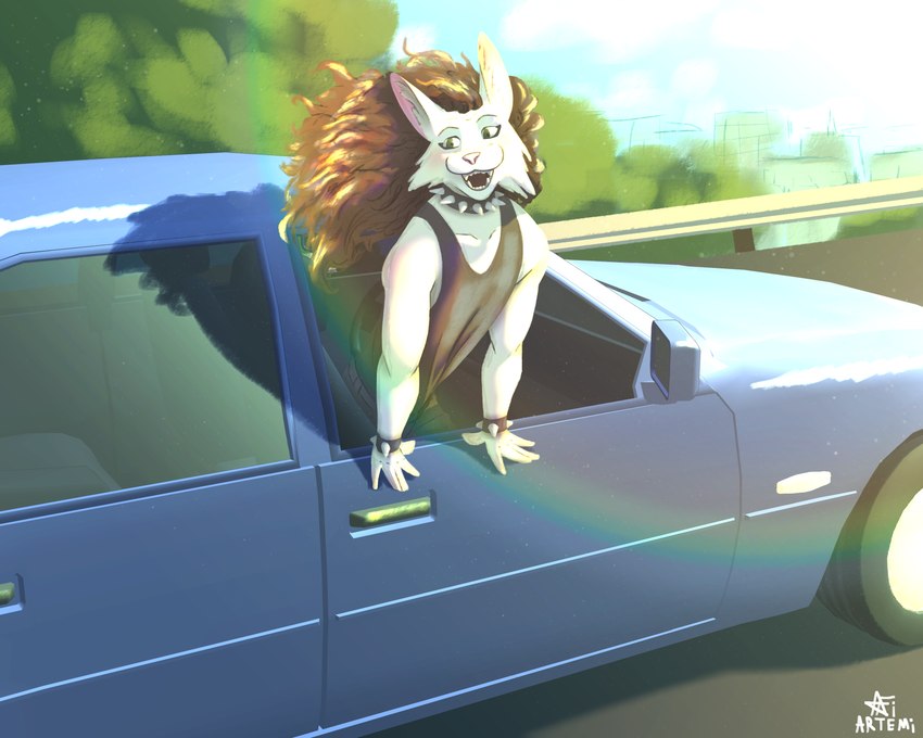 anthro bracelet car cheek_tuft clothed clothing collar day eyeshadow facial_tuft female fully_clothed hair jewelry light long_hair makeup outside shirt skinny_anthro skinny_female smile solo spiked_bracelet spiked_collar spikes sunlight tank_top through_window topwear tuft vehicle artemi domestic_cat felid feline felis mammal 5:4 absurd_res hi_res trans_(lore) trans_woman_(lore)