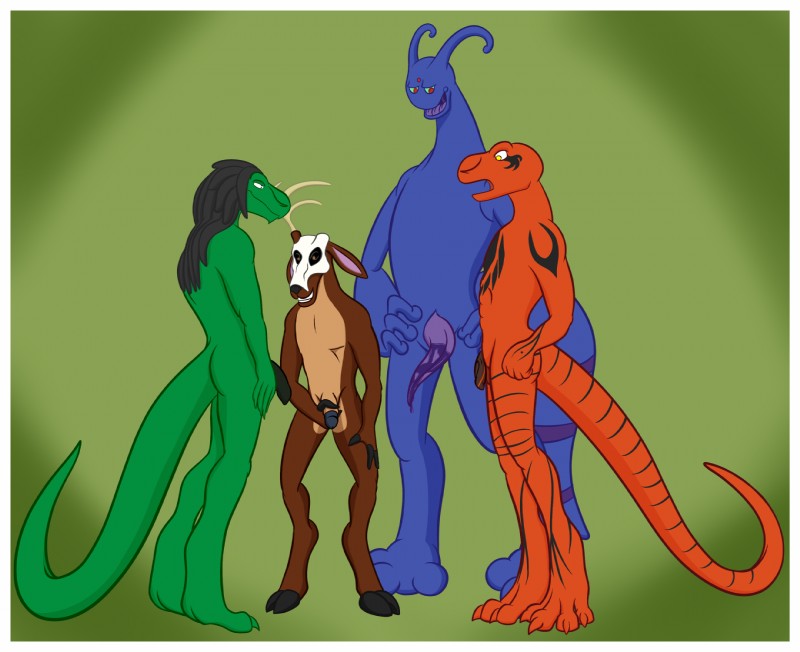 animal_genitalia antennae_(anatomy) anthro antlers balls blue_body blue_skin bodily_fluids border butt comparing comparing_penis cum dreadlocks erection foreskin fur genital_fluids genital_slit genitals green_sclera group hooves horn male male/male nude open_mouth partially_retracted_sheath penis prehensile_penis purple_penis red_eyes simple_background smile tapering_penis tattoo tongue urethra white_border x231_(artist) brosco-zac_(character) mal-pagan_(character) modo_tu_(character) rain-grid_(character) alien arthropod deer hybrid insect lizard mammal reptile scalie 2015 digital_media_(artwork) hi_res