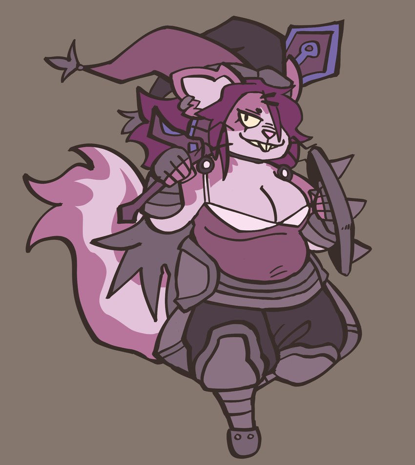 anthro armor breasts buckteeth cleavage clothed clothing ear_piercing ear_ring female fool's_hat grey_background hair hat headgear headwear holding_melee_weapon holding_object holding_shield holding_sword holding_weapon melee_weapon piercing purple_body purple_hair ring_piercing shield simple_background slightly_chubby smile solo sword teeth weapon whiskers mousedrive atlyss charlotte_(mousedrive) chang_(atlyss) 2024 hi_res