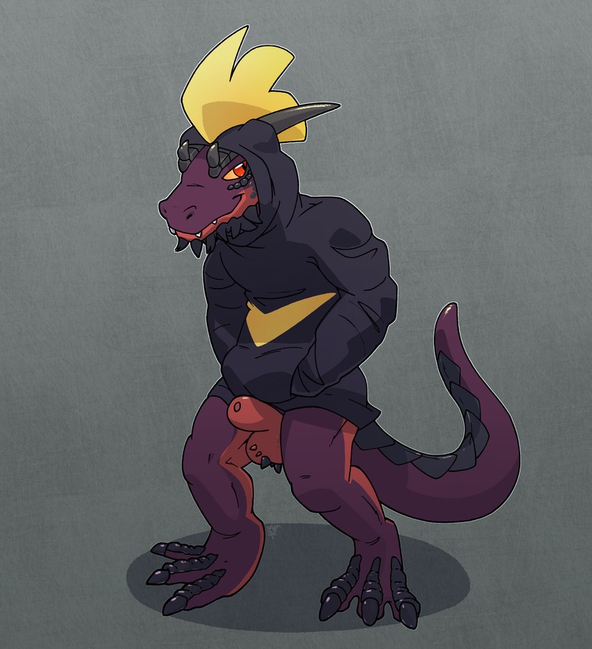 balls bottomless clothed clothing genital_sheath genitals hands_in_both_pockets hoodie hoodie_only horn male partially_clothed penis solo tail topwear topwear_only argon_vile palworld pocketpair shadowdile kobold leezpunk lizard pal_(species) reptile scalie hi_res