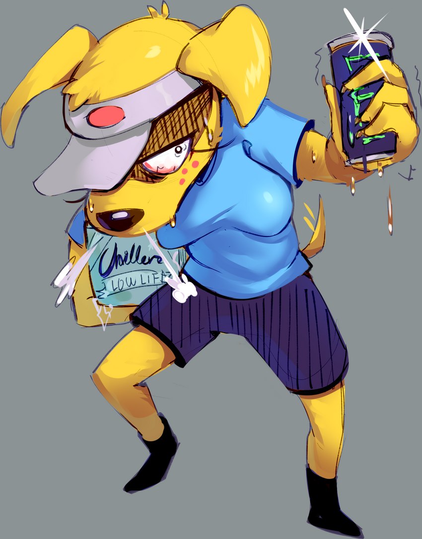 anthro beverage_can bodily_fluids bottomwear breasts breath clothing female freckles fur hat headgear headwear intense_stare shirt shorts simple_background solo standing sweat t-shirt text tired topwear vein yellow_body yellow_fur psibunny adult_swim cartoon_network gassy's_gas_'n_stuff lulu_(gassy's_gas_'n_stuff) bird_dog canid canine canis domestic_dog hunting_dog labrador mammal retriever 2023 absurd_res english_text hi_res