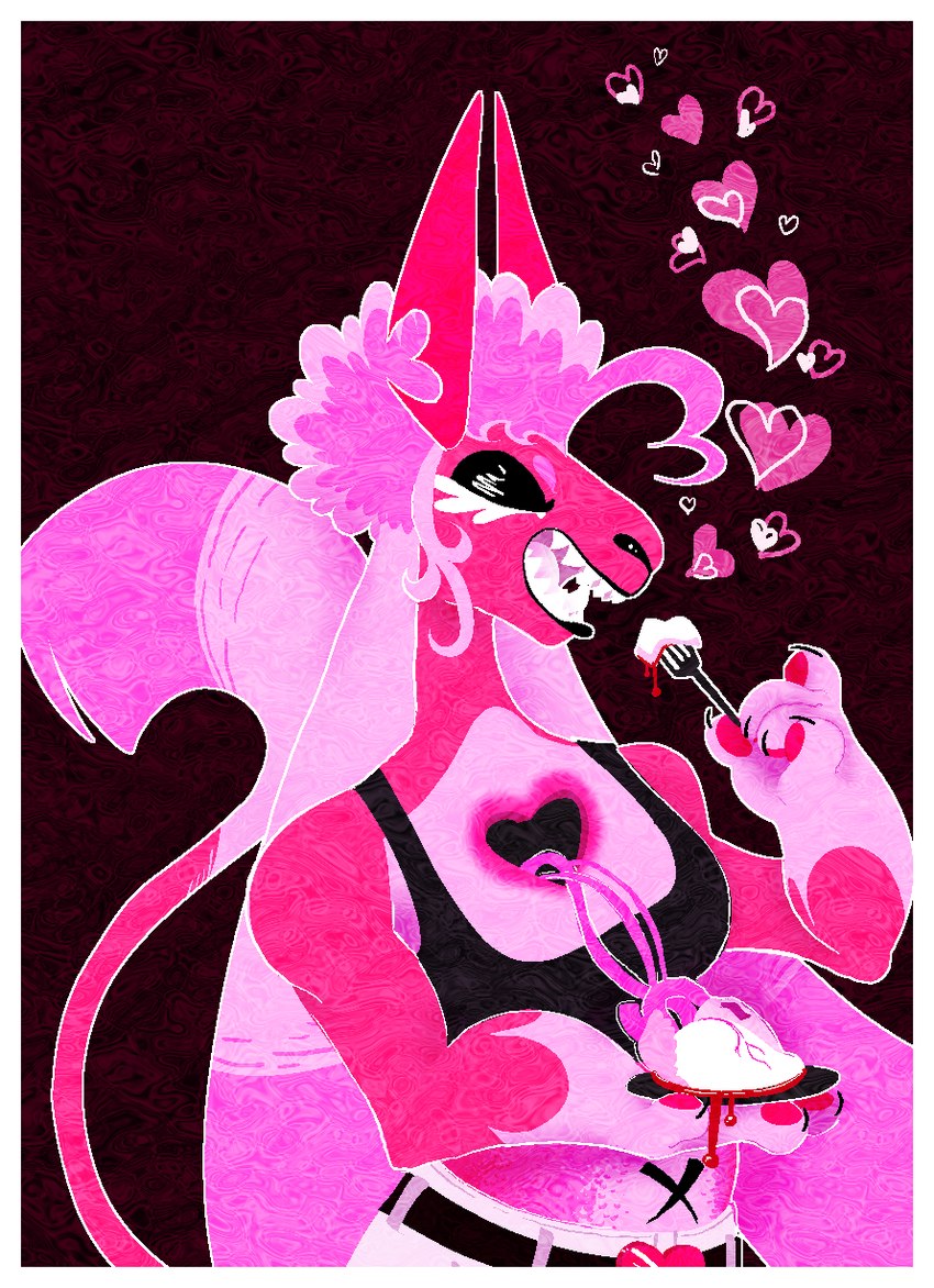 anthro autocannibalism belt black_eyelids border candy_gore carved_horn claws clothed clothing curled_hair curved_horn eating eyelashes fur gore gynomorph hair heart_(marking) heart_symbol horn intersex long_ears long_tail markings mohawk pawpads pink_body pink_fur pink_hair pink_horn plate scales sharp_teeth solo tail teeth white_border white_eyelashes white_eyes plentyofsoup cherry_cola_(plentyofsoup) bovid caprine caprine_demon demon goat goat_demon mammal 2022 hi_res trans_(lore) trans_woman_(lore)