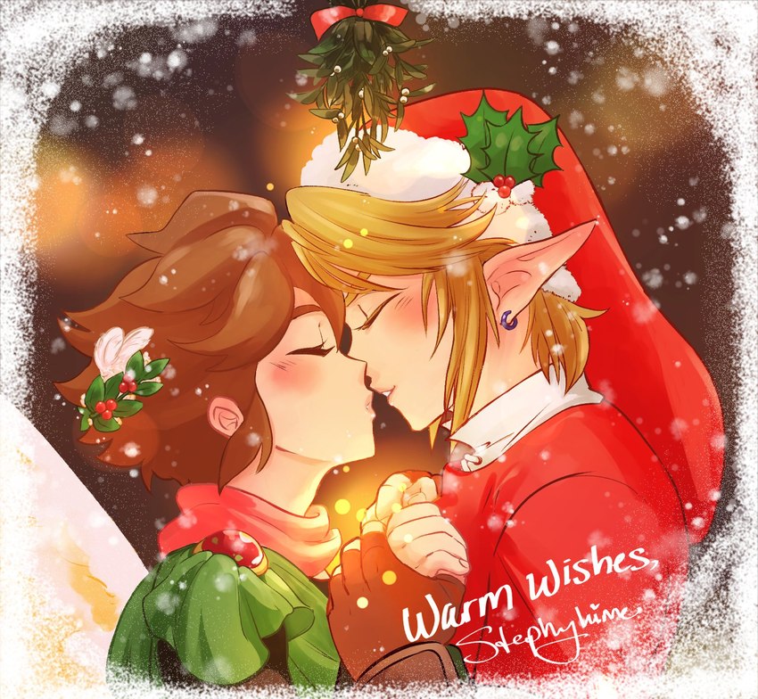 blonde_hair blush brown_hair clothing crossover_ship duo eyes_closed hair holidays human_on_humanoid humanoid_pointy_ears imminent_kiss interspecies light_body light_skin male male/male not_furry pointy_ears snow text soft_sizzle christmas kid_icarus nintendo the_legend_of_zelda link pit_(kid_icarus) elf human humanoid hylian mammal crossover english_text hi_res