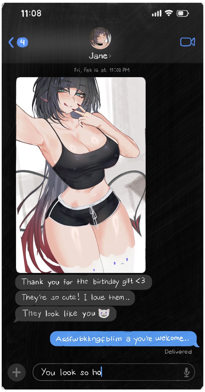 :q bedroom_eyes big_breasts black_bottomwear black_clothing black_shorts blush bottomwear breasts camisole chat chatting cleavage clothed clothing dolphin_shorts eyebrow_through_hair eyebrows female gesture hair hair_intakes hand_gesture hotpants legwear licking licking_lips long_hair looking_at_viewer midriff narrowed_eyes phone_screen pointy_ears screencap seductive selfie shirt shorts smile smiling_at_viewer solo tail tank_top text thick_thighs thigh_highs tongue tongue_out topwear translucent translucent_hair v_sign white_clothing white_legwear white_thigh_highs s7nsles mihoyo zenless_zone_zero jane_doe_(zenless_zone_zero) animal_humanoid humanoid mammal mammal_humanoid murid murid_humanoid murine murine_humanoid rat_humanoid rodent rodent_humanoid thiren digital_drawing_(artwork) digital_media_(artwork) english_text hi_res