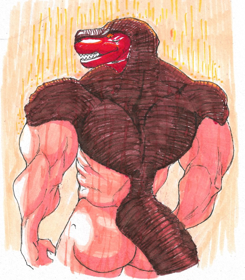 anthro barazoku biceps butt looking_at_viewer male mask muscular muscular_male nude rear_view shower smile solo tail teeth wet wet_body yellow_eyes pinumontbalou king_of_fighters snk king_of_dinosaurs dinosaur human mammal prehistoric_species reptile scalie absurd_res hi_res traditional_media_(artwork)