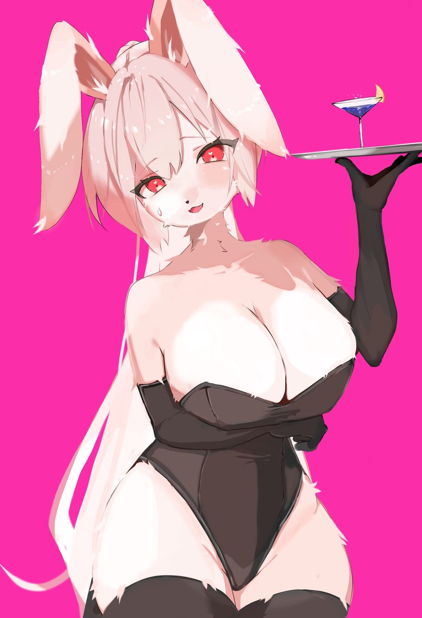 alcohol anthro arm_tuft arm_under_breasts arms_bent armwear bare_shoulders beverage big_breasts biped black_armwear black_clothing black_handwear black_legwear black_leotard black_thigh_highs bodily_fluids breast_tuft breasts cleavage clothed clothed_anthro clothed_female clothing cocktail cocktail_garnish cocktail_glass container cup drinking_glass ears_down eyelashes eyelashes_through_hair facial_tuft female female_anthro food fruit fur glass glass_container glass_cup hair handwear heart_eyes heart_symbol hip_tuft holding_object holding_tray kemono legwear leotard lime lime_slice long_ears long_hair looking_at_viewer neck_tuft open_mouth pink_background pink_body pink_fur pink_hair pivoted_ears plant red_eyes serving serving_alcohol serving_beverage serving_tray simple_background small_nose solo standing sweat sweatdrop thigh_highs translucent translucent_hair tray tuft mei_kemo lagomorph leporid mammal rabbit 2022 absurd_res digital_media_(artwork) hi_res