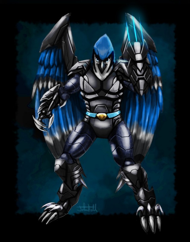 anthro armor beak biped black_body black_border black_feathers blue_background blue_body blue_feathers bodysuit border claws clothing feathers futuristic male multicolored_body multicolored_feathers simple_background skinsuit solo standing tight_clothing toe_claws white_body white_feathers john_fell accipitrid accipitriform avian bird hi_res