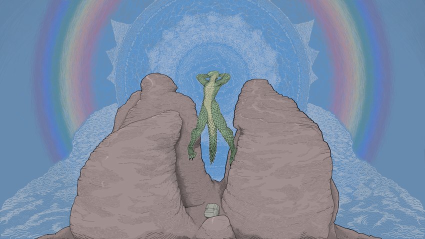 anthro bent_arm biped climbing cloud detailed_background eyebrows eyes_closed green_body green_scales hand_on_head hiking iconography male mountain nude nude_hiking pattern_background rainbow scales simple_background sky skyscape solo spikes spikes_(anatomy) standing symbolism tail text yellow_body yellow_scales godthisisodd_(artist) sungazer_(character) girdled_lizard lizard reptile scalie sungazer_(lizard) 16:9 english_text hi_res widescreen