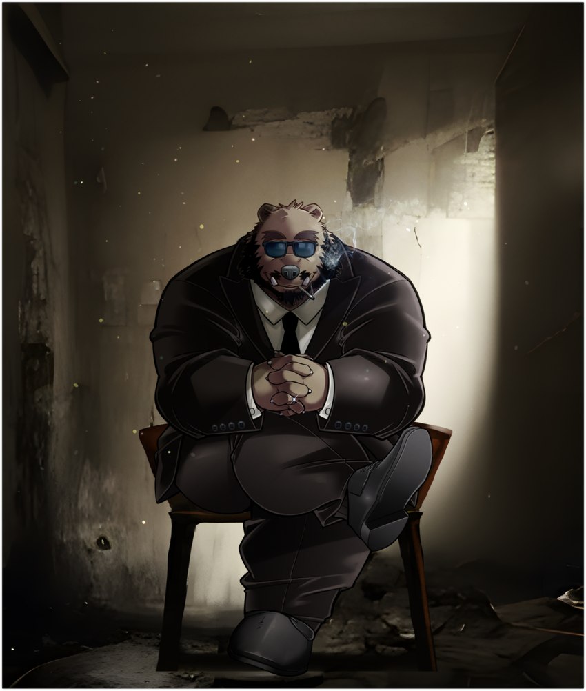 anthro beard brown_body chair cigar clothing eyewear facial_hair footwear furniture looking_at_viewer male overweight overweight_male pose shoes sideburns sitting solo suit sunglasses tusks kumagaya_shin love_mechanic tom_(lm) bear mammal hi_res