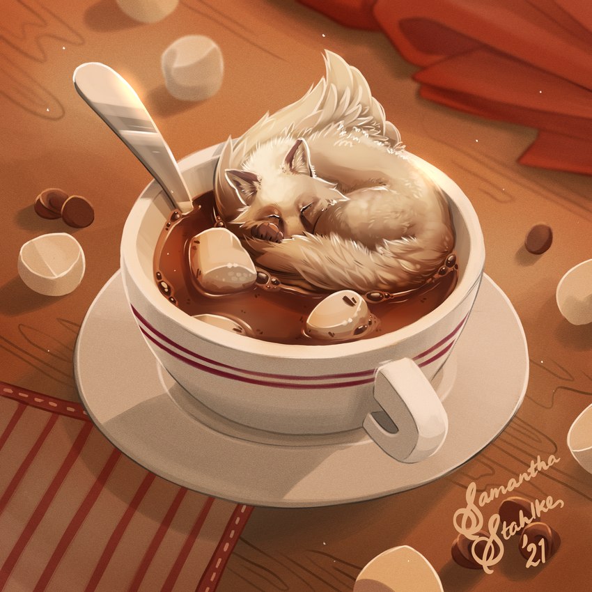 ambiguous_gender beverage bubble candy chocolate container cup dessert eyes_closed feral food fur hot_chocolate marshmallow partially_submerged sleeping solo white_body white_fur charlatan-of-doom canid canine fox mammal 1:1 2021 absurd_res hi_res