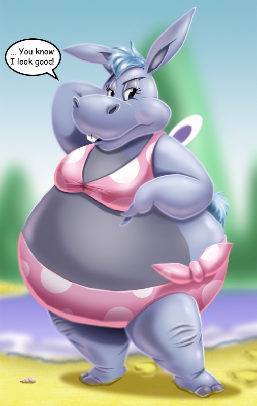 anthro beach bikini bottom_heavy clothed clothing detailed_background female outside sand seaside skimpy sky solo swimwear tight_clothing two-piece_swimsuit water chadrocco disney the_wuzzles hoppopotamus_(the_wuzzles) common_hippopotamus hippopotamid hybrid lagomorph leporid mammal rabbit wuzzle hi_res