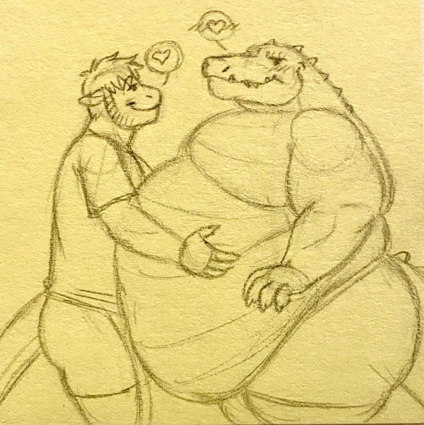 anthro arm_around_partner belly belly_grab belly_overhang belly_press big_belly blush clothing duo hand_on_belly heart_symbol hug leaning looking_at_another lying male male/male on_front overweight overweight_anthro overweight_male size_difference smaller_male smile speech_bubble standing tail eon54 mythology cody_(swatthefox) jagged_(eon54) crocodile crocodilian dragon mythological_creature mythological_scalie reptile scalie hi_res traditional_media_(artwork)