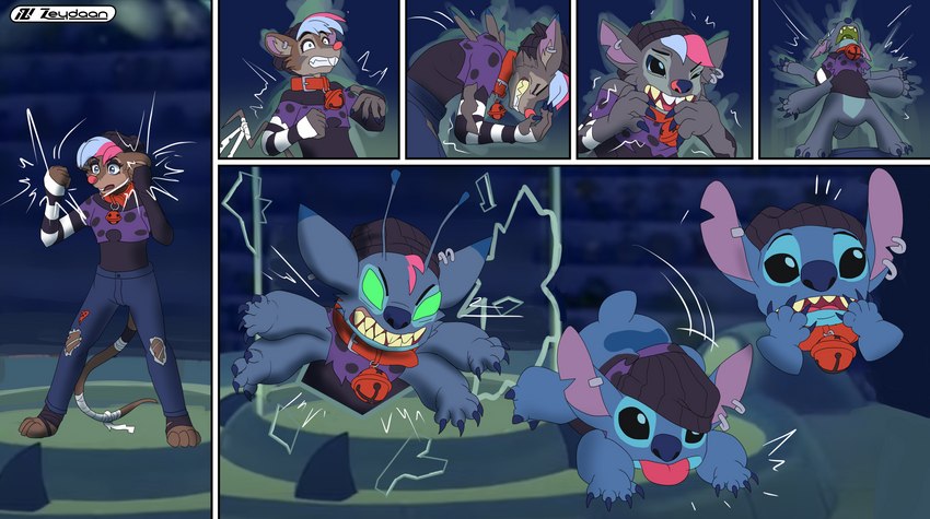 4_arms 4_fingers 4_toes 5_fingers antennae_(anatomy) antennae_growth anthro arm_growth back_markings back_spines bandage bandaged_tail beanie bell bell_collar biped black_eyes blep blue_body blue_claws blue_eyes blue_fur blue_nose bottomwear broken_glass brown_body brown_fur claws clothing collar dipstick_antennae ear_markings feet finger_claws fingers forced forced_transformation fur glass glowing glowing_eyes green_eyes growth growth_lines hat headgear headwear limb_growth logo male markings multi_arm multi_limb multicolored_antennae notched_ear pants pink_nose small_tail solo species_transformation tail tf_into_fictional_character toe_claws toes tongue tongue_out torn_bottomwear torn_clothing torn_pants transformation zeydaan_(artist) disney lilo_and_stitch stitch_(lilo_and_stitch) trevor-fox_(character) alien experiment_(lilo_and_stitch) mammal mouse murid murine rodent 2023 absurd_res artist_logo comic digital_drawing_(artwork) digital_media_(artwork) hi_res