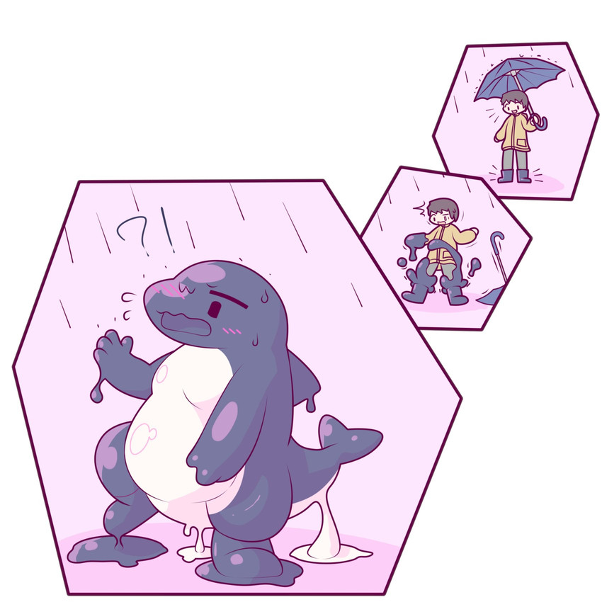 anthro goo_transformation holding_object holding_umbrella human_to_anthro interrobang male raining smile solo species_transformation standing surprise transformation umbrella pink_ball_smoke cetacean dolphin human mammal marine oceanic_dolphin orca toothed_whale 1:1 2020 hi_res