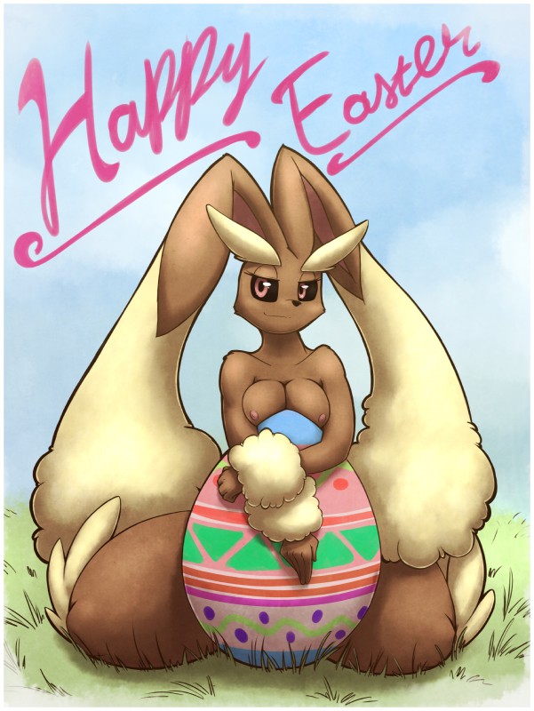 anthro areola black_sclera border breasts egg female half-closed_eyes holidays long_ears looking_at_viewer narrowed_eyes nipples smile solo text white_border otakuap easter nintendo pokemon generation_4_pokemon lagomorph lopunny mammal pokemon_(species) 2017 absurd_res english_text hi_res