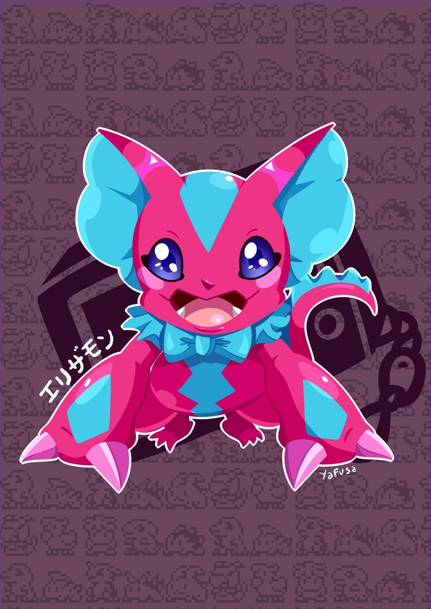 blue_eyes bow_tie claws feral frill_(anatomy) looking_at_viewer membrane_(anatomy) membranous_frill pink_body pink_scales scales smile solo yafusa bandai_namco digimon digimon_(species) elizamon scalie hi_res