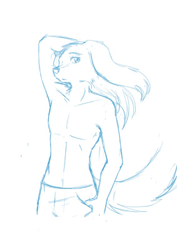 anthro bottomwear clothed clothing fur hair long_hair looking_at_viewer male pants pose simple_background solo topless white_background kurapika raven_wolf steve_(raven_wolf) canid canine canis domestic_dog mammal blue_and_white hi_res monochrome sketch