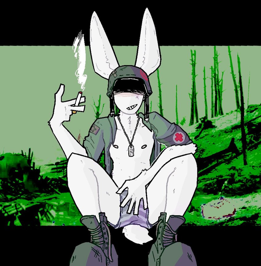 anthro armor boots boxers_(clothing) cigarette clothed clothing combat_boots crouching dog_tags footwear grin headgear helmet jacket male military_hat open_clothing open_jacket open_shirt open_topwear shirt shoes simple_background smile smoking smoking_tobacco solo topwear underwear sinsquest lagomorph leporid mammal rabbit monochrome