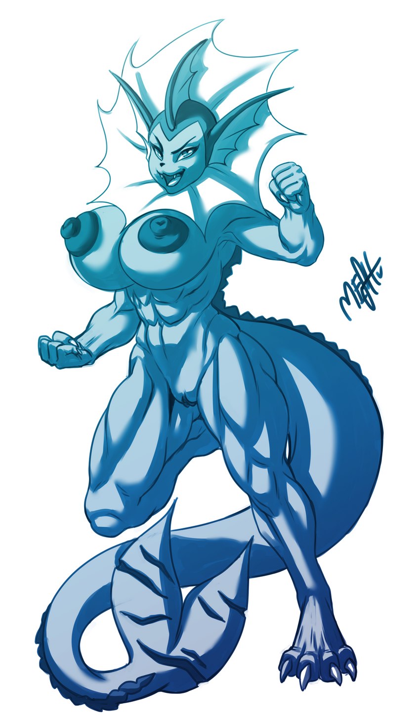 anthro anthrofied big_breasts blue_body breasts female genitals muscular muscular_anthro muscular_female nipples nude on_one_leg open_mouth pokemorph pussy simple_background smile solo standing tail white_background meshpet nintendo pokemon shiannah_alanna eeveelution generation_1_pokemon pokemon_(species) vaporeon 2020 absurd_res blue_and_white hi_res monochrome