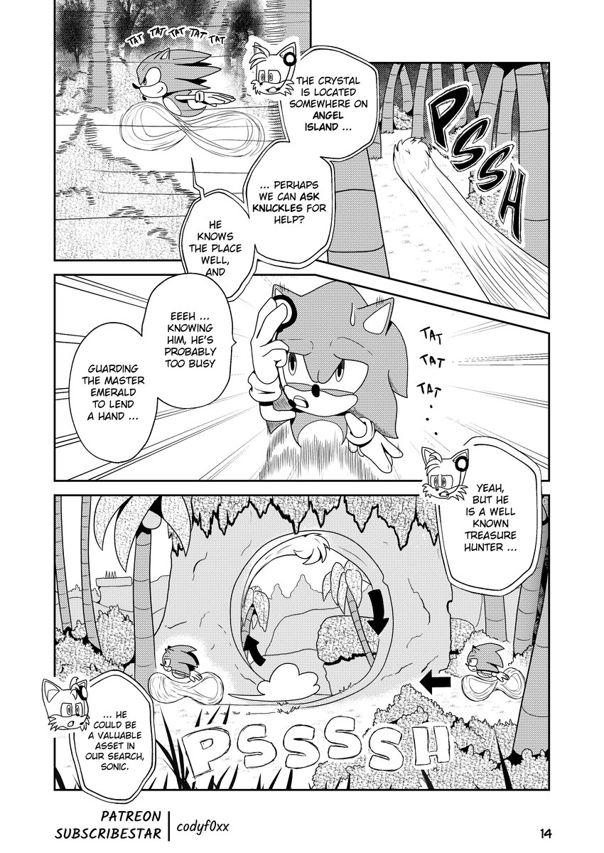 angel_island clothed clothing footwear forest gloves handwear male manga_style partially_clothed plant shoes text tree codyf0xx sega sonic_the_hedgehog_(series) miles_prower sonic_the_hedgehog canid canine eulipotyphlan fox hedgehog mammal absurd_res comic english_text greyscale hi_res monochrome