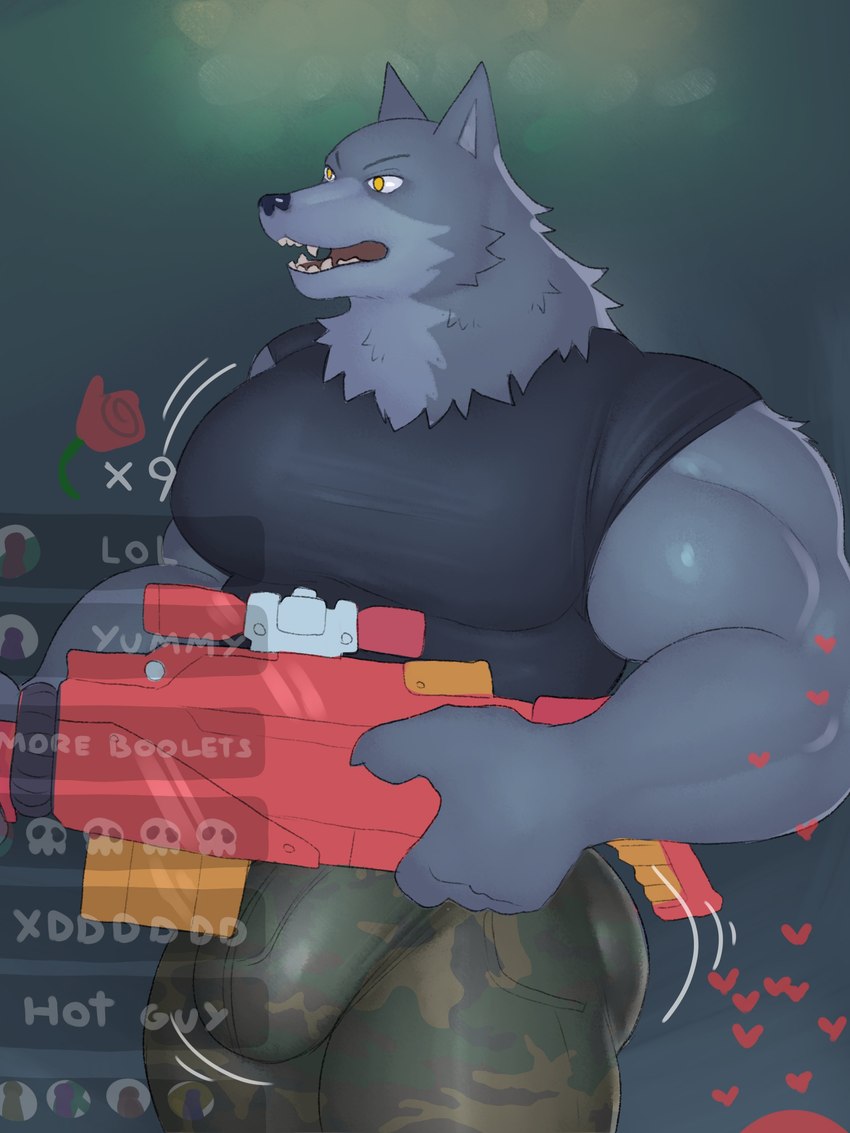 anthro barazoku biceps big_bulge big_butt biped bottomwear bulge butt camo camo_bottomwear camo_clothing camo_pants camo_print clothing eyebrows fur grey_body grey_fur gun heart_symbol holding_gun holding_object holding_ranged_weapon holding_weapon livestream male muscular muscular_anthro muscular_male open_mouth pants pattern_bottomwear pattern_clothing pattern_pants pecs ranged_weapon shirt solo teeth text thick_thighs tight_clothing tongue topwear weapon fleshformomo i_need_more_bullets jayden_(fleshformomo) canid canine canis mammal wolf 2023 3:4 absurd_res digital_media_(artwork) english_text hi_res meme