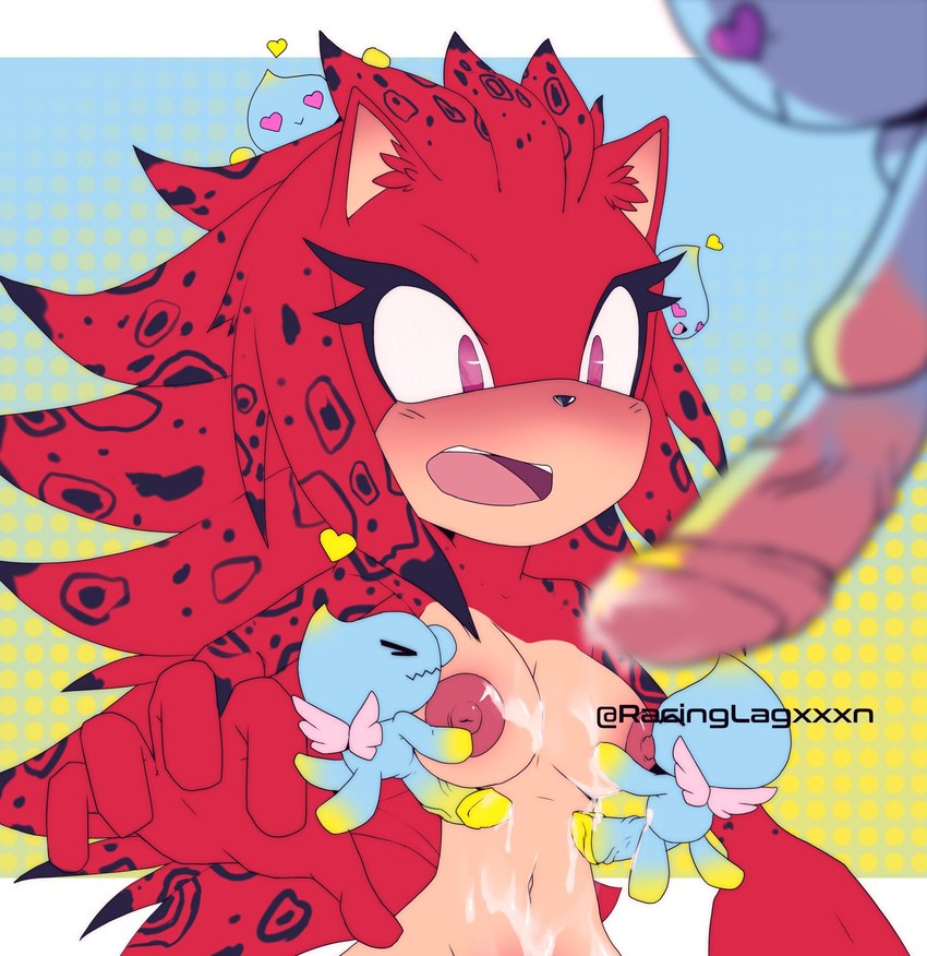 anthro bodily_fluids breast_nuzzle breasts cum cum_on_breasts embarrassed female genital_fluids genitals group heart_eyes heart_symbol male male/female nuzzling penis purple_eyes red_body size_difference smaller_male speendlexmk2 sega sonic_the_hedgehog_(series) fan_character chao_(sonic) hi_res