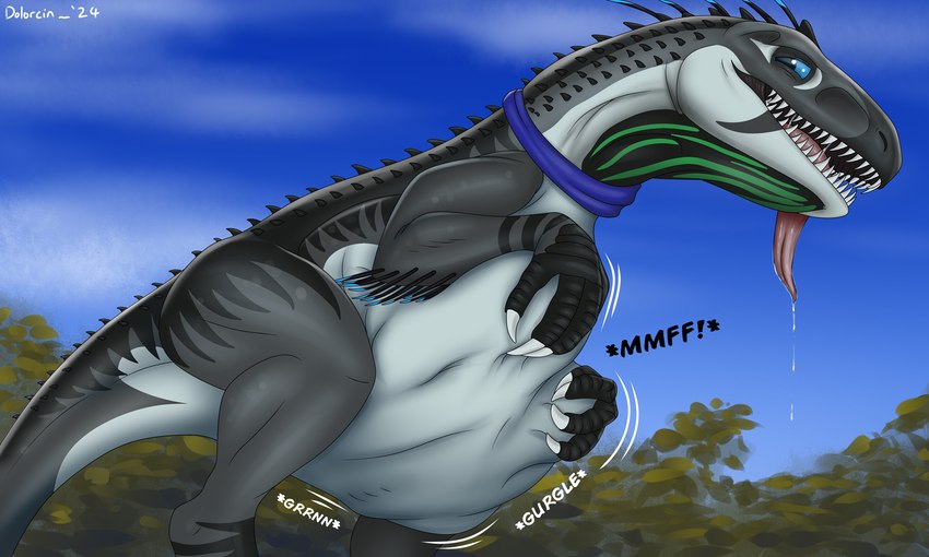 ambiguous_gender ambiguous_pred black_body blue_sclera bodily_fluids dorsal_ridge drooling feral feral_pred fully_inside green_markings grey_body markings muffled muffled_speech rumbling_stomach saliva solo spikes spikes_(anatomy) spines struggling struggling_prey text tongue tongue_out vore year dolorcin jurassic_park jurassic_world universal_studios softsharp dinosaur indominus_rex prehistoric_species reptile scalie theropod 2024 5:3 english_text hi_res watermark female_(lore)