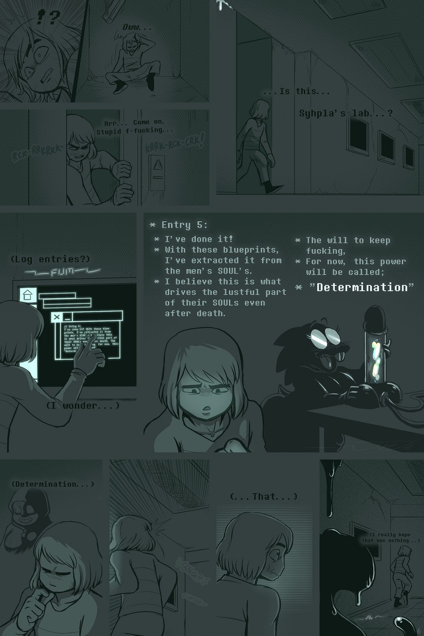 alternate_universe anthro bodily_fluids bone bulge cum dialogue dialogue_box dim_lighting elevator eyewear female genital_fluids glasses interrobang male phallic profanity reading silhouette sitting skeleton text touchscreen walking thewill under(her)tail undertale undertale_(series) alphys comic_(under(her)tail) frisk_(undertale) frisky_(under(her)tail) sans_(undertale) animated_skeleton human humanoid lizard mammal monster reptile scalie undead comic english_text hi_res