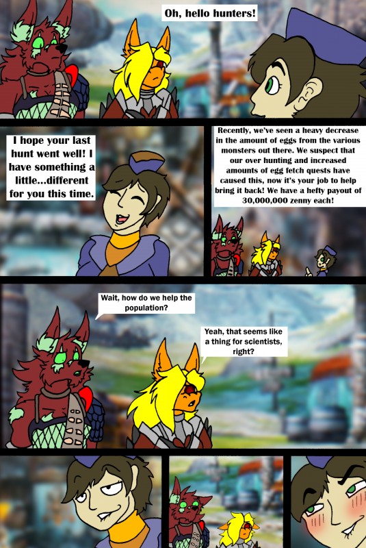 anthro armor blush clothed clothing dialogue female fur greeting hair male open_mouth smile text redgreenfluffball capcom monster_hunter mythology kinumi_kokuryu zach_snowfox canid canine dragon fox human mammal mythological_creature mythological_scalie scalie 2017 absurd_res comic digital_media_(artwork) english_text hi_res