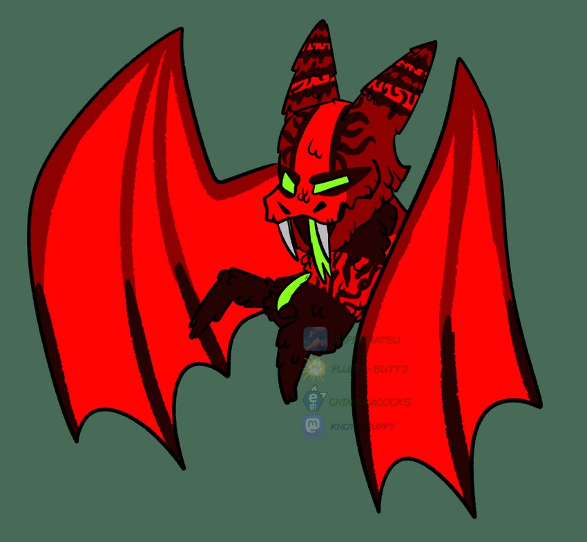 anatomically_correct anatomically_correct_genitalia anatomically_correct_penis animal_genitalia animal_penis chiropteran_penis furaffinity_logo genitals green_eyes green_penis green_tongue long_fangs male penis pinata presenting presenting_penis red_wings solo tongue wings chimeracocks bluesky_(social_media) e621 furaffinity mastodon_(social_media) rareware viva_pinata animate_inanimate bat mammal sherbat sour_sherbat watermark