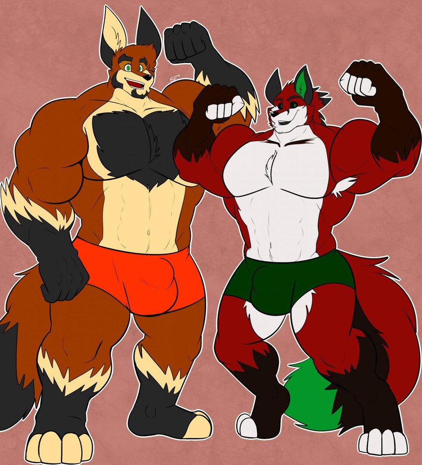 5_fingers anthro armpit_hair black_ears black_nose black_tail_tip body_hair bulge chest_hair clothed clothing detailed_bulge digitigrade dipstick_tail duo fingers flexing flexing_bicep flexing_both_biceps fur gloves_(marking) green_clothing green_inner_ear green_tail_tip green_underwear happy leg_markings looking_at_viewer male markings muscular muscular_anthro muscular_male orange_body orange_clothing orange_fur orange_underwear pink_background plantigrade red_body red_fur simple_background size_difference socks_(marking) tail tail_markings underwear underwear_only somniumfox daniel_foxtowers victor_johansen canid canine fox mammal 2018 hi_res