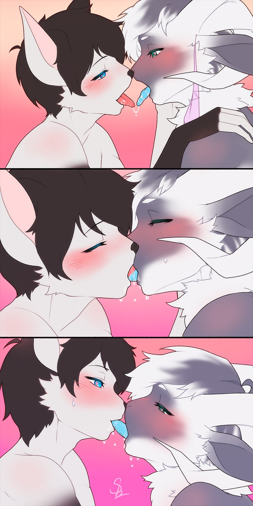 anthro blue_tongue blush blush_lines bodily_fluids deep_kiss dripping duo french_kissing fur green_eyes heart_eyes heart_symbol horn kissing licking male male/male saliva saliva_drip saliva_string tongue tongue_out white_body white_fur siamkhan custom_ink narii_(siamkhan) bovid canid canine caprine domestic_cat felid feline felis fox hybrid mammal sheep siamese 1:2 2022 digital_media_(artwork) hi_res