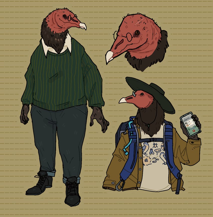 anthro backpack bald beak biped blue_backpack bottomwear brown_body clothing electronics eyewear feathers footwear glasses green_clothing green_hat green_headwear green_sweater green_topwear hat headgear headwear holding_object holding_phone jacket male pants pattern_background pattern_clothing phone red_face round_glasses shirt shoes simple_background small_glasses solo striped_background striped_clothing stripes sweater topwear white_clothing white_shirt white_topwear yellow_clothing yellow_jacket_(clothing) yellow_topwear mathpope accipitriform avian bird new_world_vulture turkey_vulture vulture digital_media_(artwork) hi_res