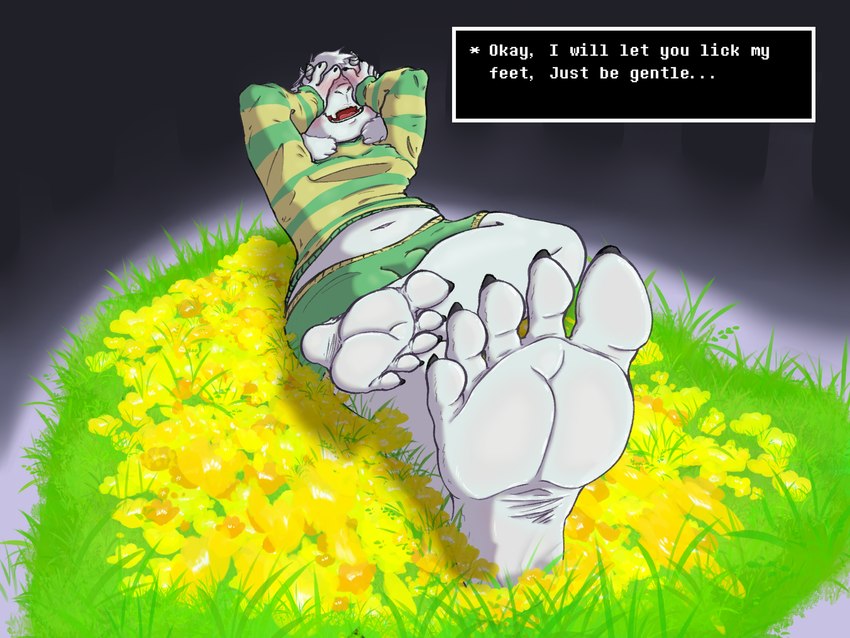 anthro blush bottomwear bulge clothed clothing covering covering_face embarrassed feet first_person_view flower flower_bed foot_fetish foot_focus grass humanoid_feet male navel pants plant plantigrade sitting sitting_on_ground smile soles solo talking_to_viewer topwear yellow_flower young the_g0lden_0ne undertale undertale_(series) asriel_dreemurr bovid caprine goat mammal hi_res