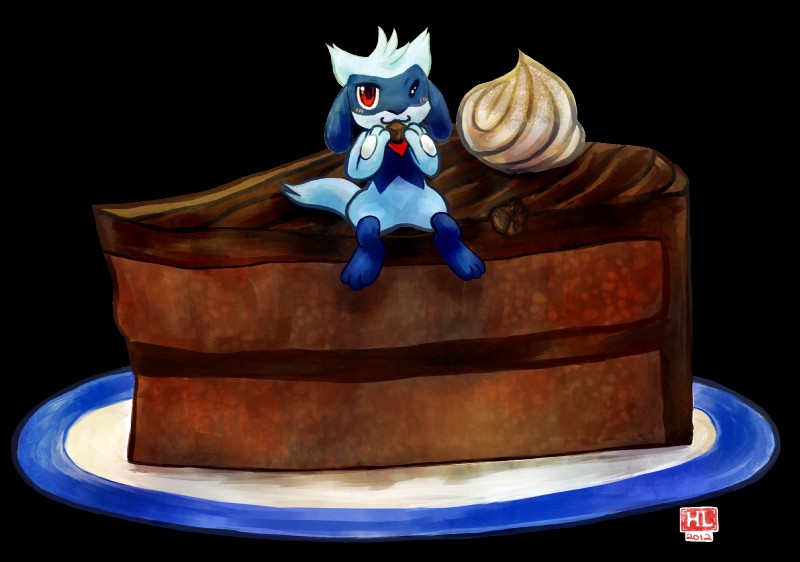 ambiguous_gender blue_body blue_fur blush cake dessert eating food fur micro on_cake on_food one_eye_closed red_eyes simple_background solo transparent_background haychel nintendo pokemon fan_character leon_(haychel) canid canine generation_4_pokemon mammal pokemon_(species) riolu 2012 alpha_channel digital_media_(artwork) hi_res