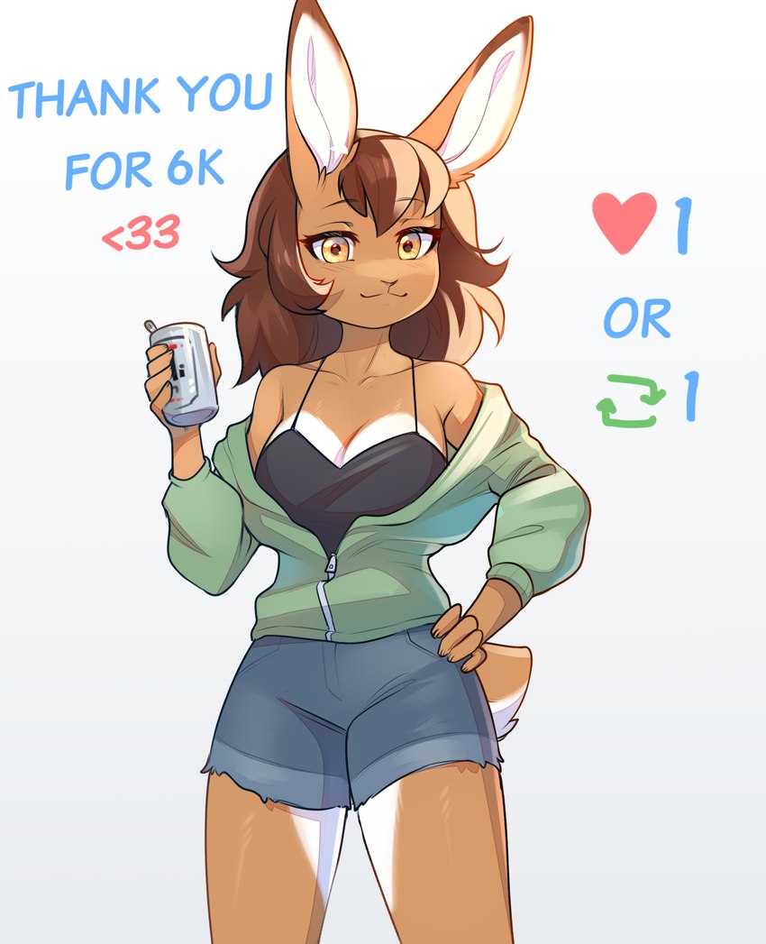 anthro beverage_can bottomwear brown_hair clothed clothing female fully_clothed fur hair hand_on_hip jacket open_clothing open_jacket open_topwear shorts simple_background solo tan_body tan_fur topwear white_background yellow_eyes fensu-san strip_meme twitter jessie_(fensu-san) lagomorph leporid mammal rabbit absurd_res hi_res