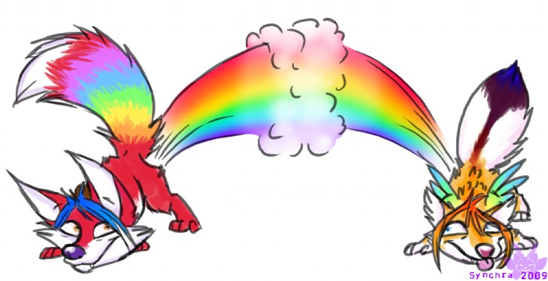 ambiguous_gender duo fart feral rainbow rainbow_arch rainbow_fart_cloud rainbow_trail sparklefur tail unusual_fart what manda_panda scribbles_(neoscribbles) blanford's_fox canid canine fox mammal true_fox 2009 colorful_theme