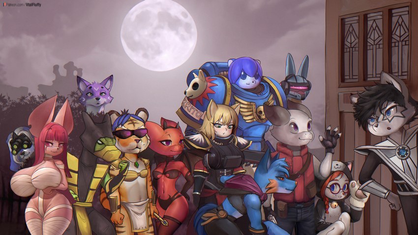 anthro armor big_breasts blue_body blue_fur blue_hair breasts clothed clothing costume female fur hair holidays male orange_body v-tal capcom halloween mortal_kombat nintendo resident_evil star_fox vtalfluffy warhammer_(franchise) warhammer_40000 annah_squeaks krysi sasha_dunkelshade zack_(zak898) canid canine canis domestic_pig felid fox mammal mouse murid murine pantherine rodent suid suina sus_(pig) tiger 2024 absurd_res digital_media_(artwork) hi_res