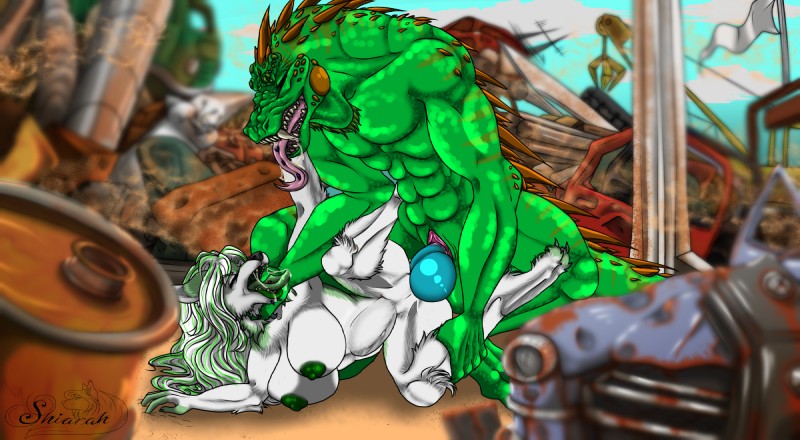 breasts bulge desert detailed_background dewlap_(anatomy) duo fangs female genitals glowing gular_flap highlights_(coloring) junkyard knot magic male male/female nipples penis piercing spikes sub-tympanic_shield teeth tongue shiarah raiden_(raidens_claws) shiarah_(character) canid canine canis iguana iguanid lizard mammal reptile scalie were wolf hi_res