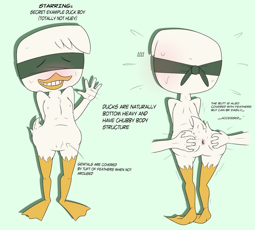 anthro anus beak blindfold blush bodily_fluids butt butt_grab feathers gesture hand_on_butt male nervous simple_background smile solo spread_butt spreading standing sweat tail tail_feathers text waving young young_anthro limettin disney ducktales ducktales_(2017) huey_duck anatid anseriform avian bird duck 2023 absurd_res digital_drawing_(artwork) digital_media_(artwork) english_text hi_res