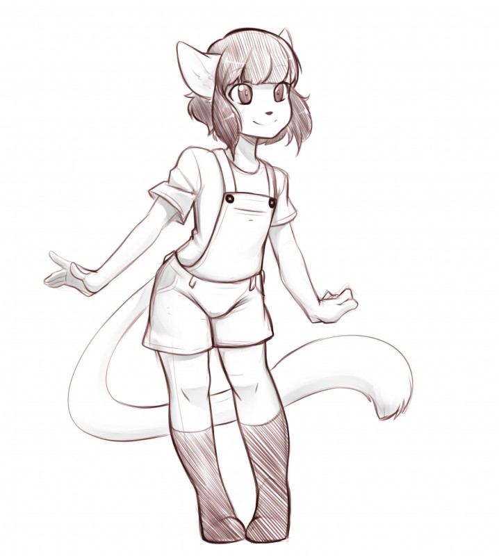 ambiguous_gender anthro bottomwear clothed clothing femboy overalls pigeon_toed shorts smile solo standing suelix mercy_(suelix) felid mammal absurd_res digital_drawing_(artwork) digital_media_(artwork) greyscale hi_res monochrome sketch male_(lore)