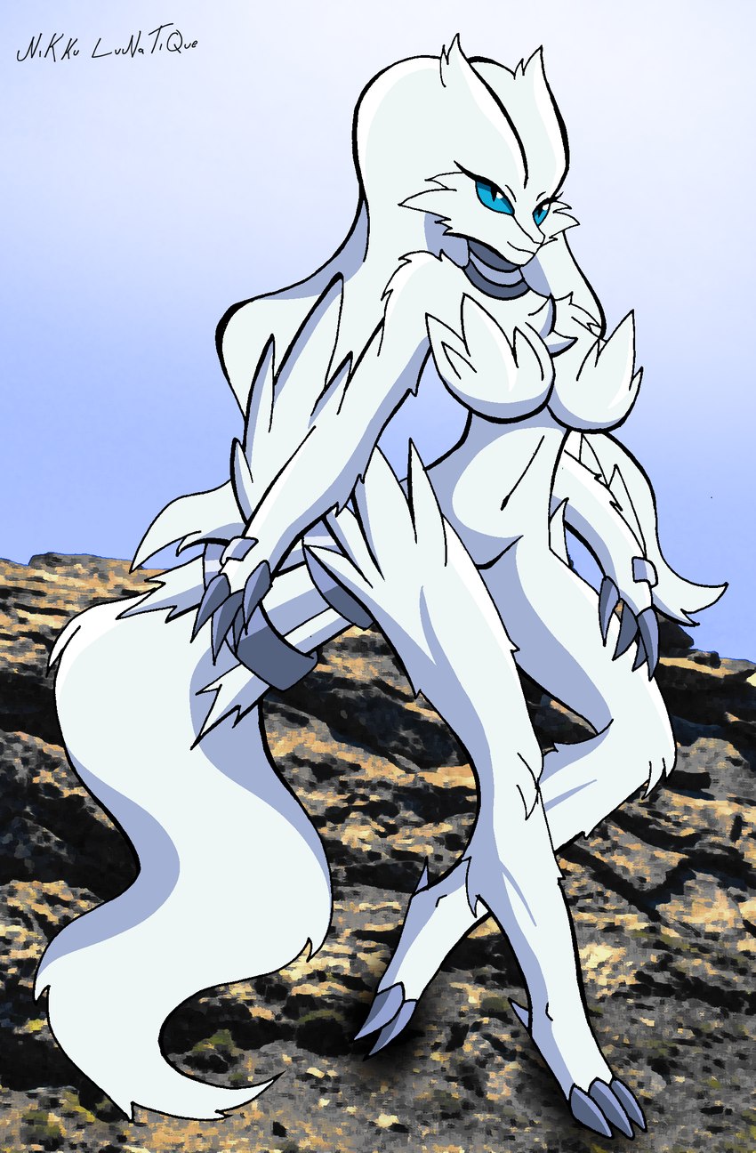 anthro anthrofied blue_eyes breasts chest_tuft claws featureless_breasts featureless_crotch female fur hair long_tail looking_at_viewer nude pokemorph rock sky solo tail tuft white_body white_fur white_hair nikku_lunatique nintendo pokemon generation_5_pokemon legendary_pokemon pokemon_(species) reshiram hi_res