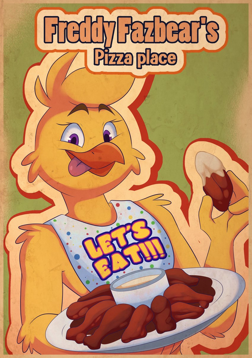 4_fingers anthro beak bib cannibalism chicken_wings eyelashes feathers female fingers food green_background looking_at_viewer plate poster poster_template purple_eyes simple_background smile solo text tongue tongue_out yellow_body yellow_feathers mandyfoxy five_nights_at_freddy's scottgames chica_(fnaf) avian bird chicken galliform gallus_(genus) phasianid 2023 absurd_res digital_drawing_(artwork) digital_media_(artwork) english_text hi_res