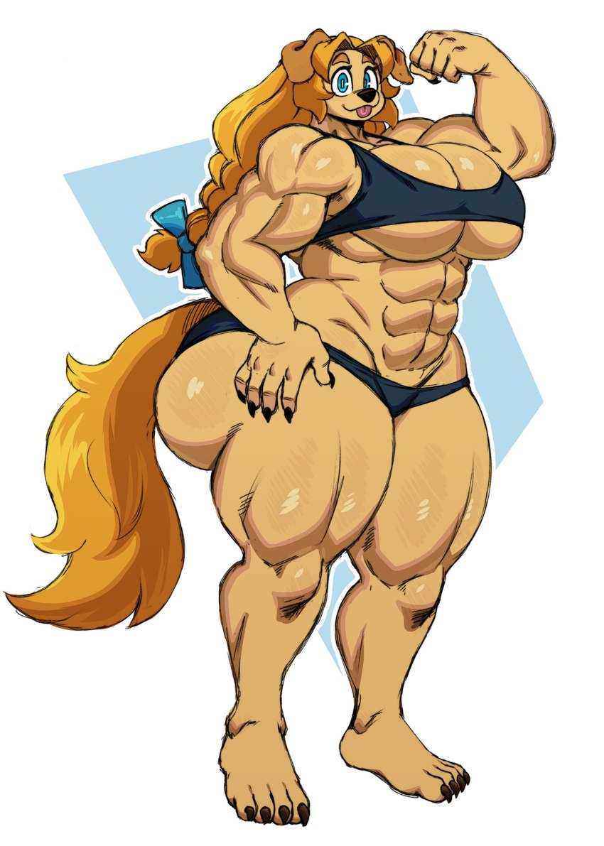 abs anthro barefoot biceps big_butt big_muscles blonde_hair blue_eyes breasts butt claws cleavage clothed clothing feet female finger_claws flexing flexing_bicep hair huge_butt muscular muscular_female quads solo thick_thighs toe_claws tongue tongue_out triceps under_boob wide_hips sssonic2 dog_knight_rpg jeane_(ceehaz) bird_dog canid canine canis domestic_dog golden_retriever hunting_dog mammal retriever absurd_res full-length_portrait hi_res portrait