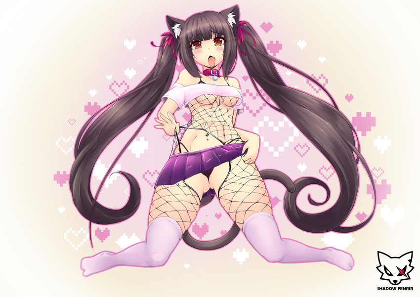 blush bottomwear breasts brown_hair clothed clothing collar female hair heart_symbol navel navel_piercing nipples piercing pupils skirt slit_pupils solo tongue tongue_out underwear shadowfenrirart neko_works nekopara chocola_(sayori) animal_humanoid cat_humanoid felid felid_humanoid feline feline_humanoid humanoid mammal mammal_humanoid 2018 absurd_res hi_res