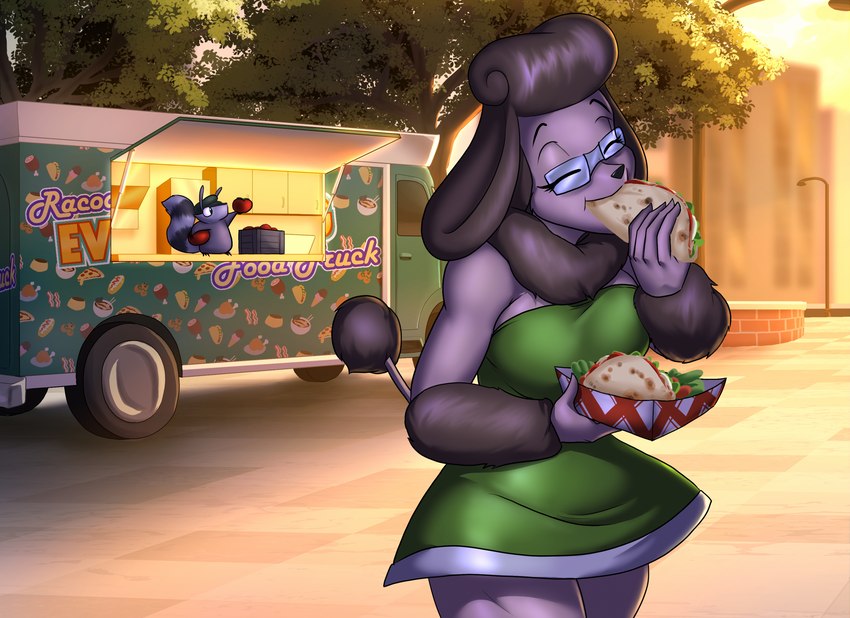 5_fingers anthro breasts brown_body brown_fur brown_hair clothed clothing commercial_vehicle delivery_(commerce) delivery_vehicle dress duo eating eating_food eyes_closed eyewear female fingers food food_truck fruit fully_clothed fur glasses green_clothing green_dress green_hat green_headwear grey_body grey_fur hair hat headgear headwear holding_food holding_object medium_breasts medium_truck multi-stop_van neck_tuft outside plant public solo_focus standing tomato tree truck truck_(vehicle) tuft van vehicle wearing_glasses toughset callie_(john_italian_dog) racoonadillo armadillo canid canine canis domestic_dog hybrid mammal poodle procyonid raccoon xenarthran 2023 hi_res